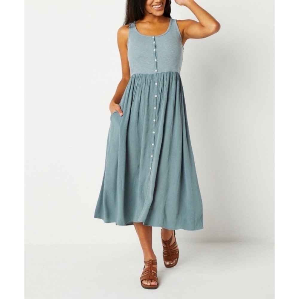 Frye Womens XL Button Front Ribbed Knit Gauze Midi Dress Sleeveless